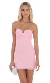 Embellished Mesh Strapless Dress in Pink